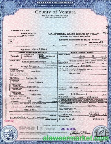 USA state California County of Ventura death certificate template in PSD format